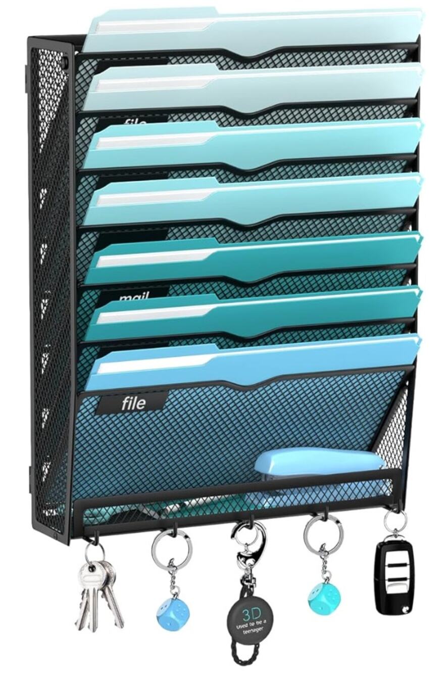 8-Tier Mesh Hanging Wall File Organizer with 5 Hooks, Mail Organizer- Black